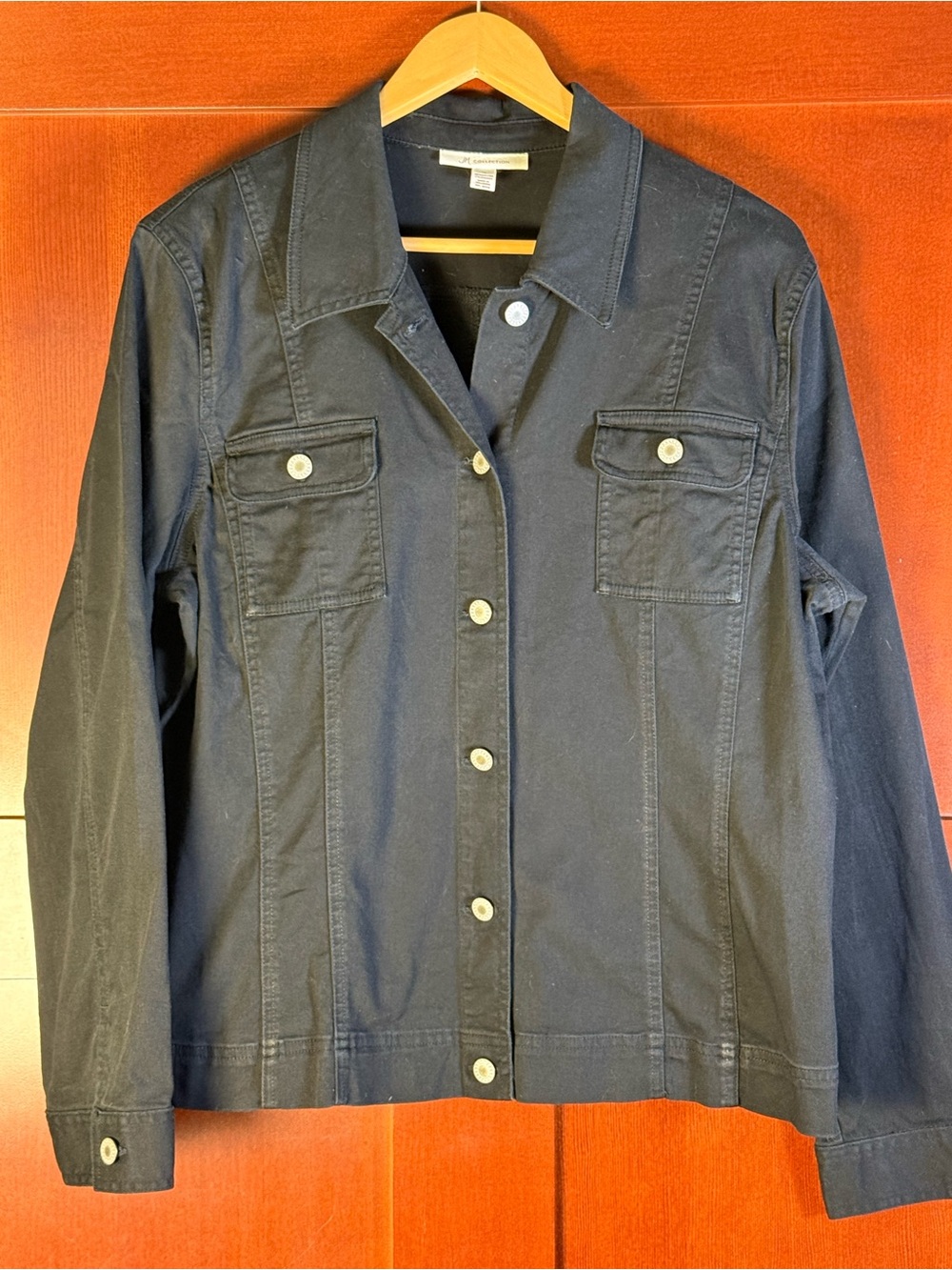JM Collection Black Stretch Cotton Button Front Utility Jacket Size 14